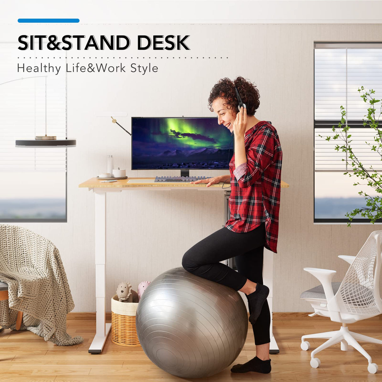 Standing Desk with Dual Motor, 3-Stage Lifting Column, Handset with 3 Preset and Sit-Stand Reminder - 60 inch Whole Piece Real Bamboo Desk/White Frame, Height Adjustable Desk for Home and Office SANODESK