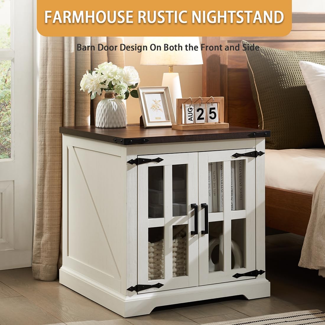 Barnyatoh Farmhouse End Table with Charging Station,24" Large Sofa Side Table with Glass Barn Door, Rustic Wood Nightstand Bedside Table with Adjustable Storage Shelf for Living Room, Bedroom,White Barnyatoh