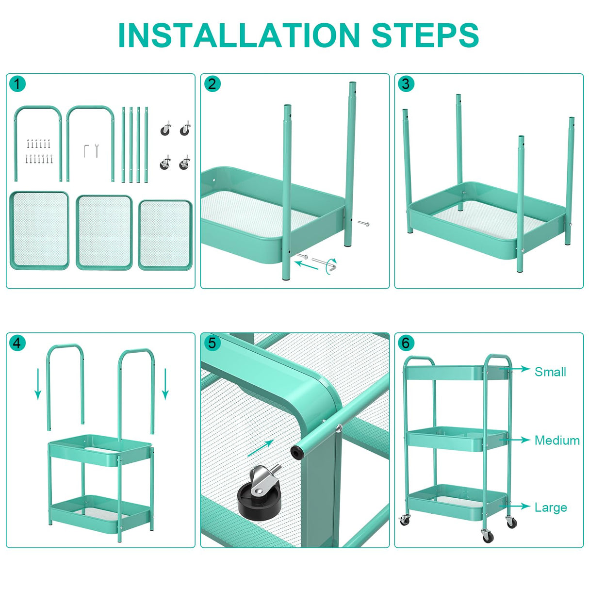 PNVXNUS 3-Tier Rolling Metal Storage Cart with Wheels, Multi-Functional Organizer for Office, Kitchen, Bathroom, Books Diapers - Easy Assembly (Blue) PNVXNUS