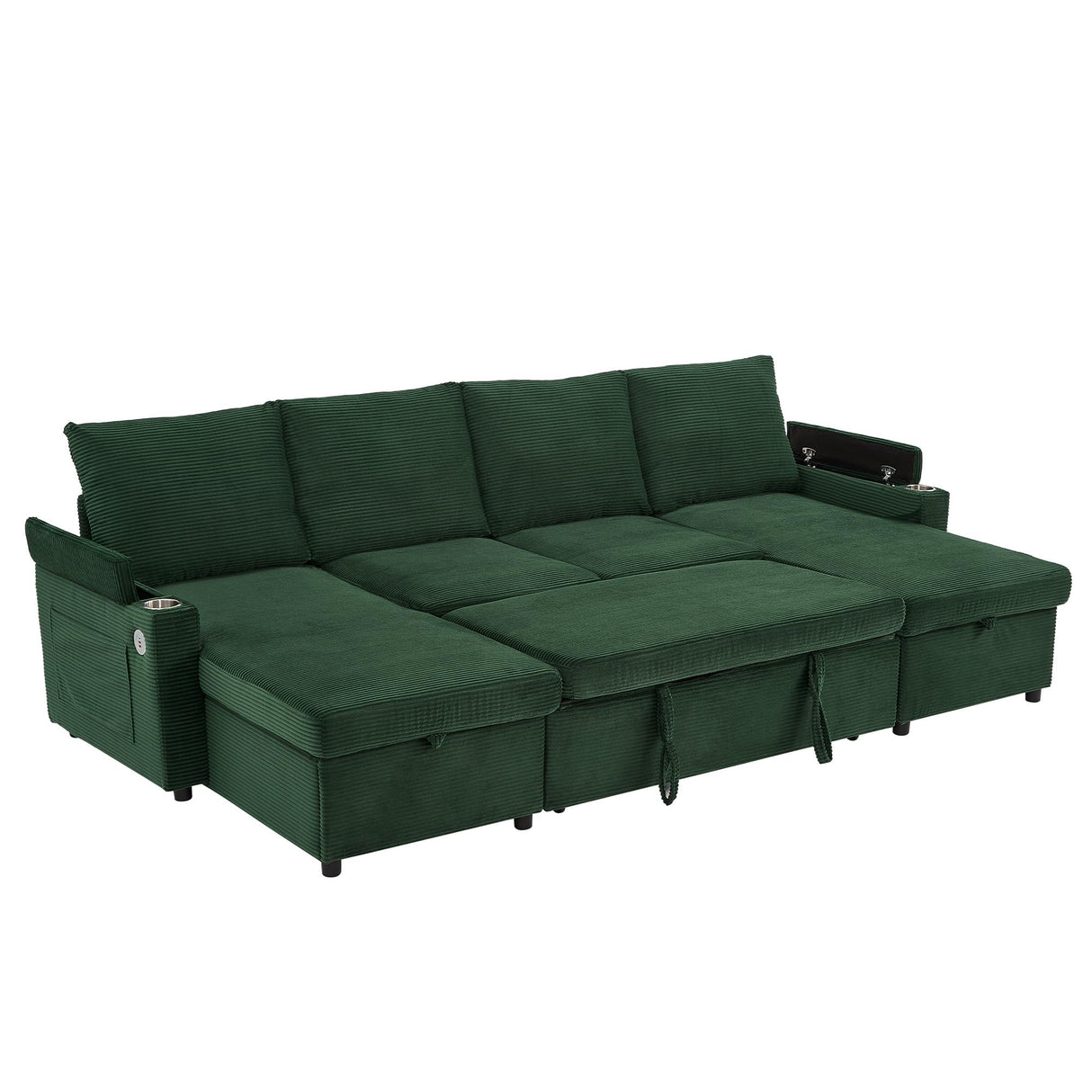 LUMISOL Convertible Sectional Sleeper Sofa Bed, 110" U-Shaped Sofa with Pull Out Bed, Corduroy 6-Seater Modular Couch with Double Storage Chaise, Cup Holders & USB Ports for Living Room, Green LUMISOL