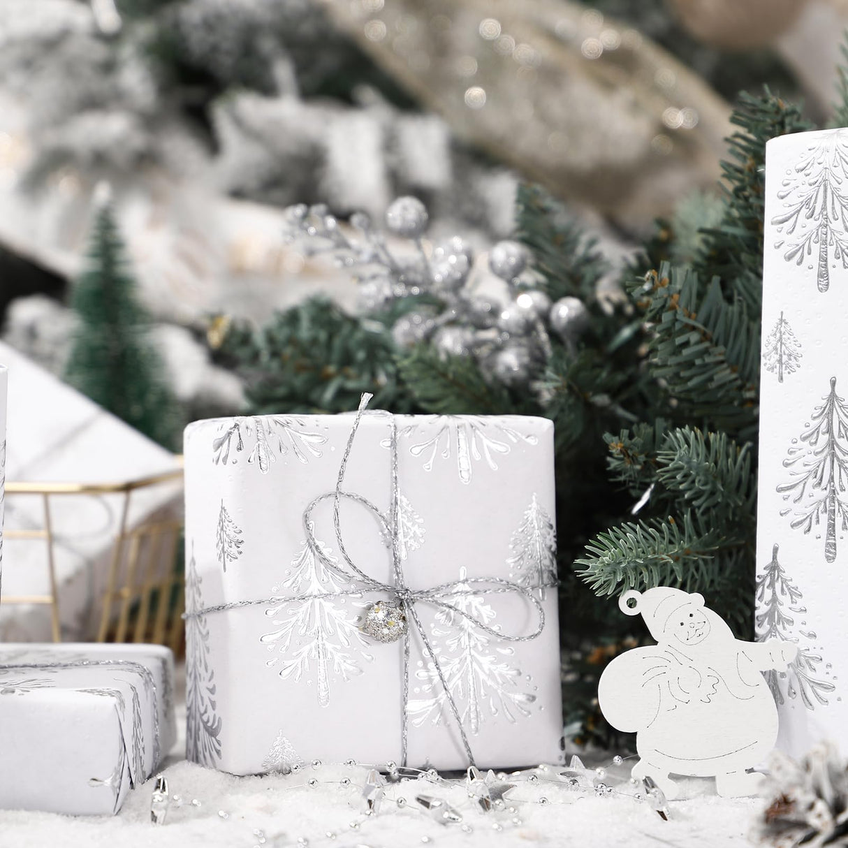 WRAPAHOLIC 3D Kraft Christmas Wrapping Paper Roll - Mini Roll - 17 Inch x 16.5 Feet - Silver and White Christmas Tree Wrapping Paper with Embossed Perfect for Holiday, Party Celebration WRAPAHOLIC