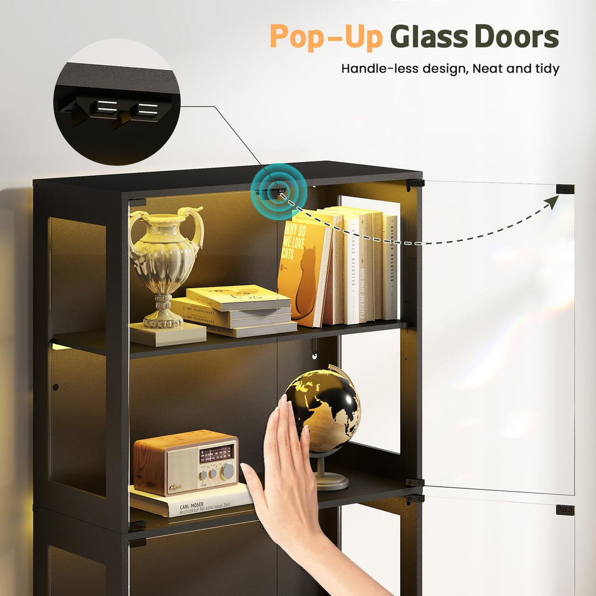 Lamtor Display Cabinet with Glass Doors - 67" Curio Cabinet for Collectibles with RGB LED Lights and 2 Drawers, 4 Tier Glass Display Case for Living Room, Office, Black Lamtor