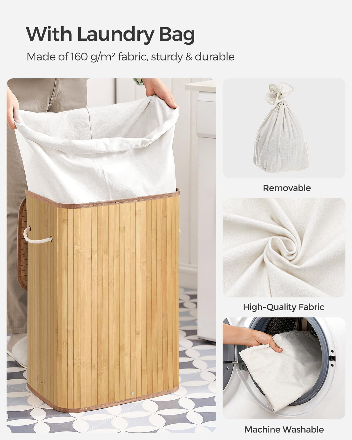 SONGMICS Foldable Laundry Hamper with Lid, 19 Gal. Bamboo Laundry Basket, Rectangular Storage Hamper with 3 Handles, 15.7 x 11.8 x 23.6 Inches, for Laundry Room, Bedroom, Natural ULCB10YV1 SONGMICS