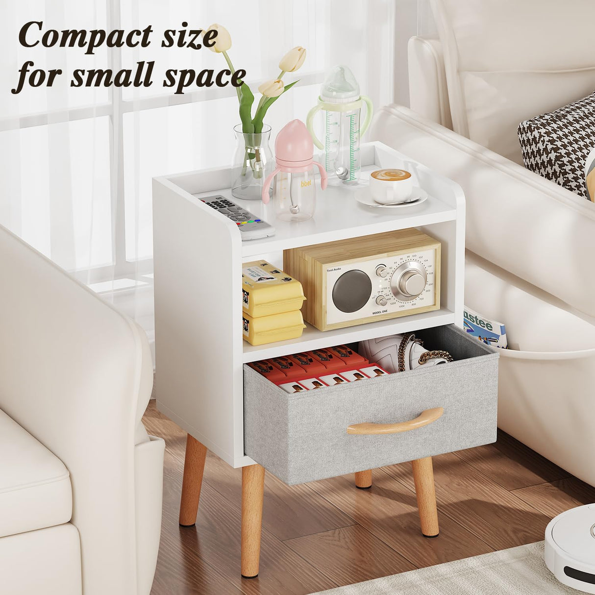 LUCKNOCK Night Stand with Drawer, Modern Nightstand, Bedside Tables, Mid Century Nightstands with Open Storage Shelf, Wood Bedside Table, Small Night Stands for Bedroom, 2-Tier Night Table, White. LUCKNOCK