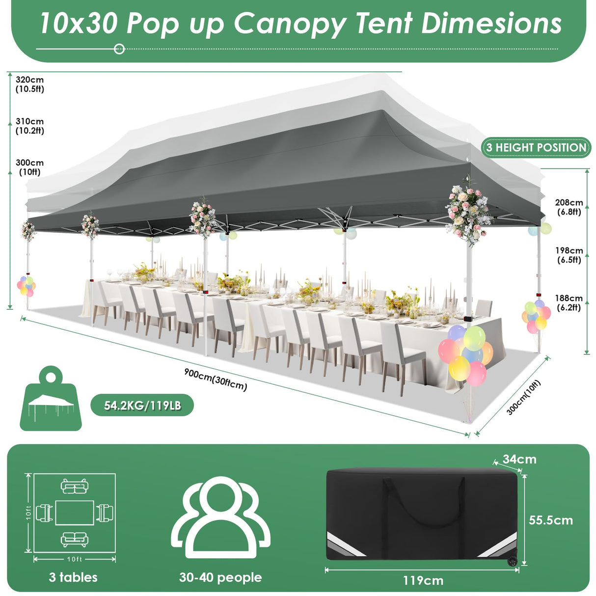 COBIZI Canopy Tent 10x30 Pop Up Canopy with 8 Removable Sidewalls Party Tents for Parties Wedding Patio Commercial Waterproof and UV50+ Ez Outdoor Instant Gazebo with Roller Bag & 4 Sandbags(Grey COBIZI