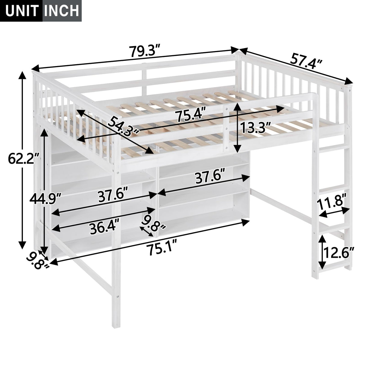 Full Loft Bed with 8 Storage Shelves, Wooden Loft Beds Frame with Bookcase, High Loft Bed with Ladder for Kids Boys Girls Teens, Antique White Bellemave