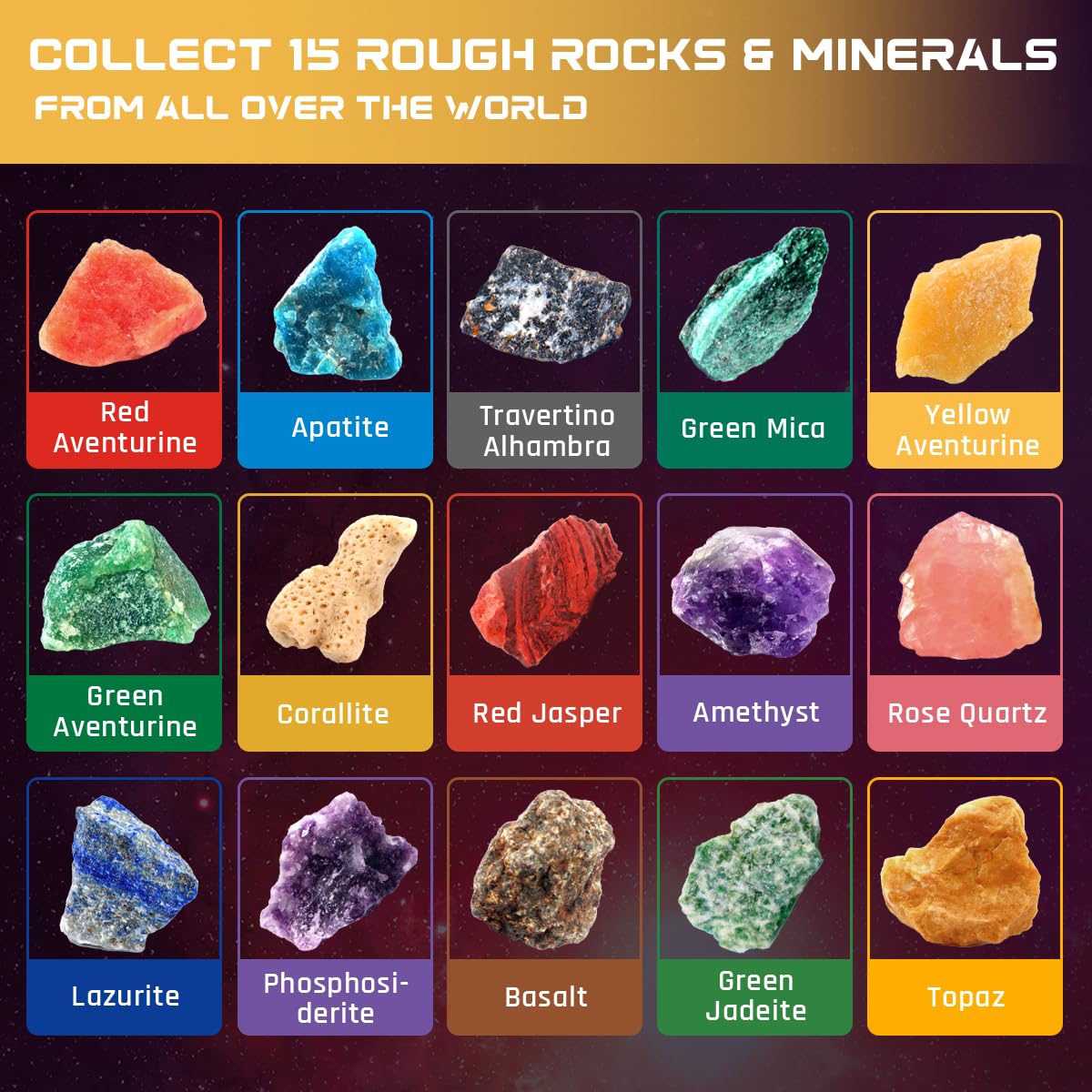 PIBEX Gemstone Dig Kit, Dig up 15 Rocks & Minerals from Earth Moon Mars, Solar System Planets Geology Science Set, Space Rock Mining Toys for Kids, STEM Gift for Boys & Girls Age 6-8-12 PIBEX