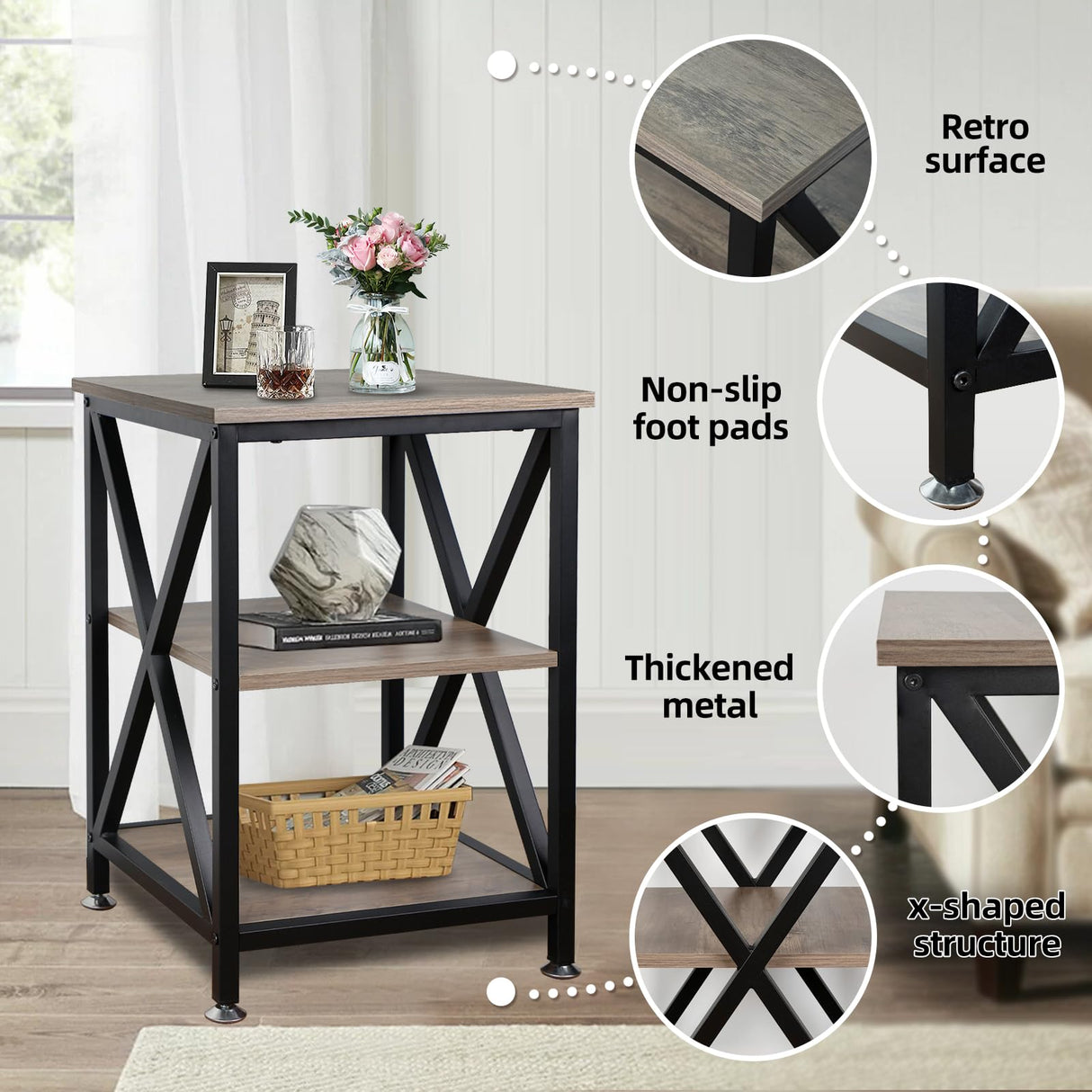 End Tables Living Room Set of 2, 16" D x 16" W x 24" H, Indoor Side Tables Living Room with Storage Shelf, Square End Table Set of 2, X-Shaped Night Stands for Bedroom, Farmhouse Wood End Tables, Grey TooCust