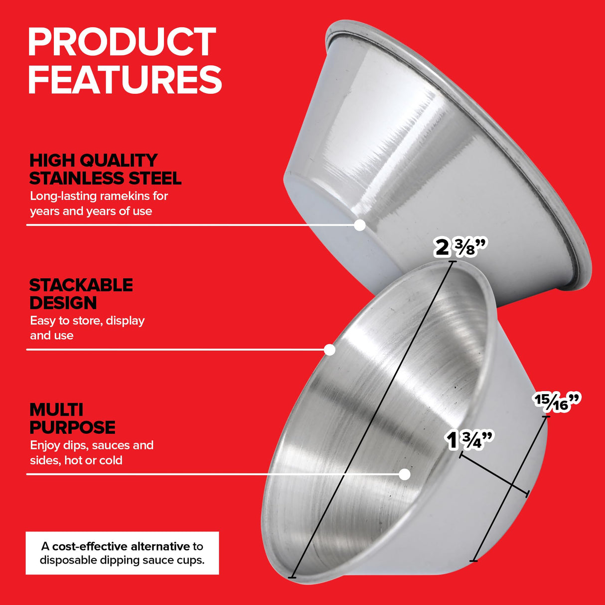 1.5 oz Stainless Steel Condiment Cups (12 Pack), Individual Portion Dipping Sauce Cups, Small Metal Ramekins for Ketchup, Marinara, BBQ Sauce, and More! Reusable Condiment Cups for Restaurants Stock Your Home