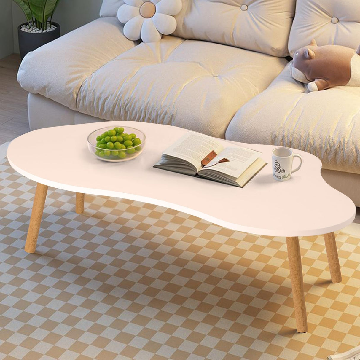 Small Coffee Table, Modern Coffee Table Small White Coffee Tables, Living Room Center Minimalist Display Coffee Table with Cloud Shape, 39.4" x19.7 x16.1 Irregular Coffee Table White PERZOE