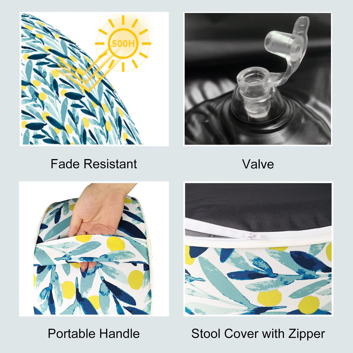 LVTXIII Outdoor/Indoor Inflatable Stool Ottoman, All Weather Patio Footrest Pouf, Portable Round Ottoman for Patio Garden, Camping or Home, D21xH9 Inches, Blue Leaves LVTXIII