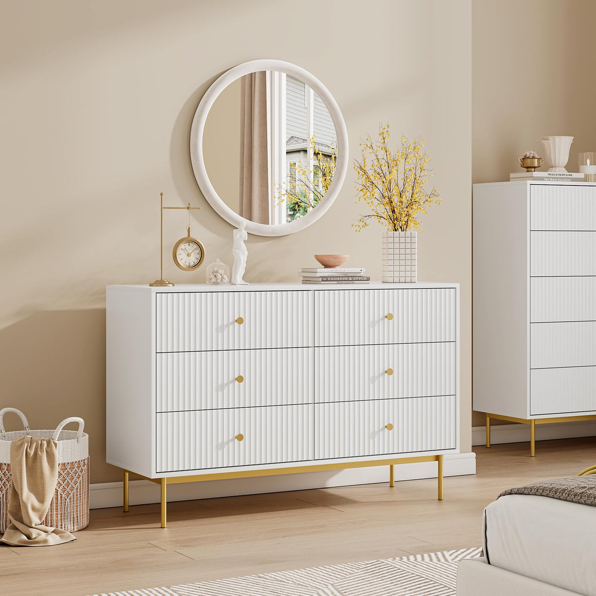 MAISONARIA 6 Drawer Double Dresser for Bedroom, White Dresser with Gold Handles, White 6 Drawer Dresser with Fluted Panels, Modern Wood Dresser Chest for Bedroom MAISONARIA