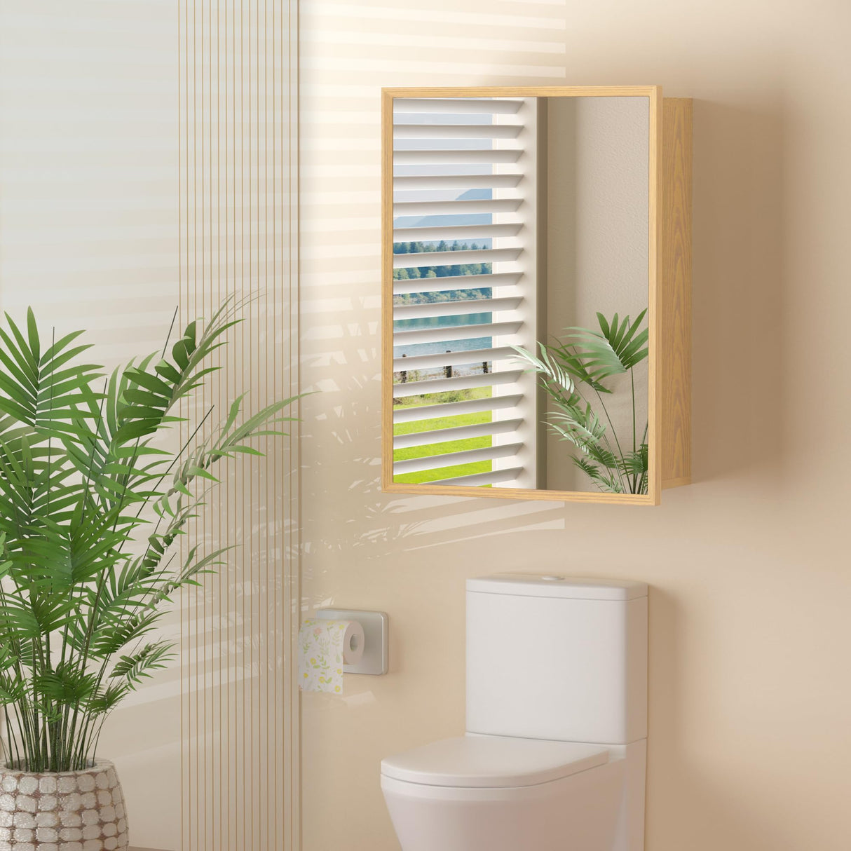 HBEZON 24x30 Inch Wooden Medicine Cabinet with Mirror, Surface or Recessed Mounted Bathroom Cabinets with Door, Adjustable Shelves, Soft-Close Hinge, Wall Storage, Oak Wood Frame HBEZON