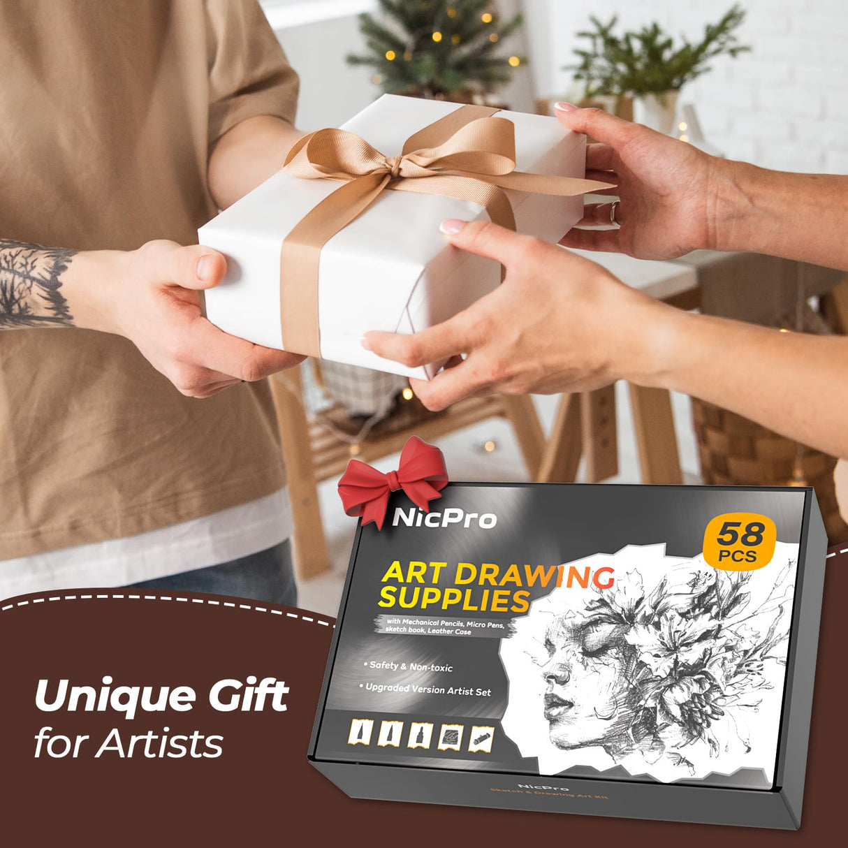 Nicpro 58 PCS Art Drawing Supplies Kit in Leather Case, Art Mechanical Pencil Set with 6 Metal Drafting Pencil 0.5 & 0.7 & 0.9 & 2mm, 12 Micron Pen, Sketch Book, 30 Tube Lead Refills for Sketching Nicpro