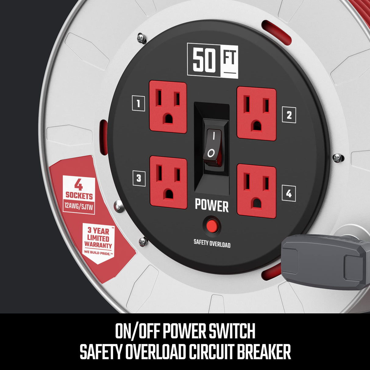 CRAFTSMAN 50 Ft. Contractor Edition Retractable Extension Cord Reel With 4 Outlets & Heavy Duty 12AWG SJTW Cable CRAFTSMAN