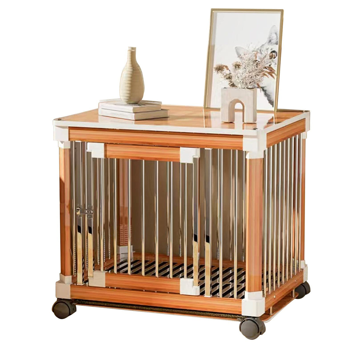 pet Crate Furniture for Small Dogs- Furniture Dog Crate Wooden Dog Crate Dog Crate Terminal Table - Coffee Table Dog Crate with Tray, Universal Wheels (M(24''L x 18''W x 23''H),Brown) Generic