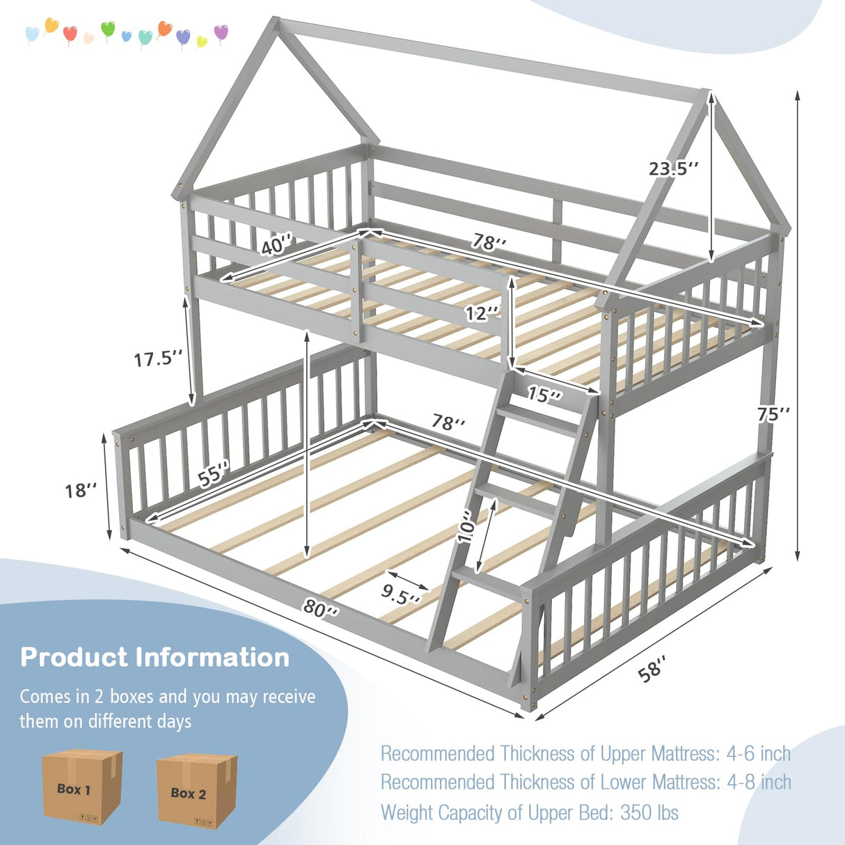Giantex Wood Twin Over Full Bunk Bed, Solid Wood House Bed Frame Built in Ladder & Safety Guardrails, Convertible to 2 Beds, Floor Bunk Bed for Kids Teens Juniors, No Box Spring Needed, Grey Giantex