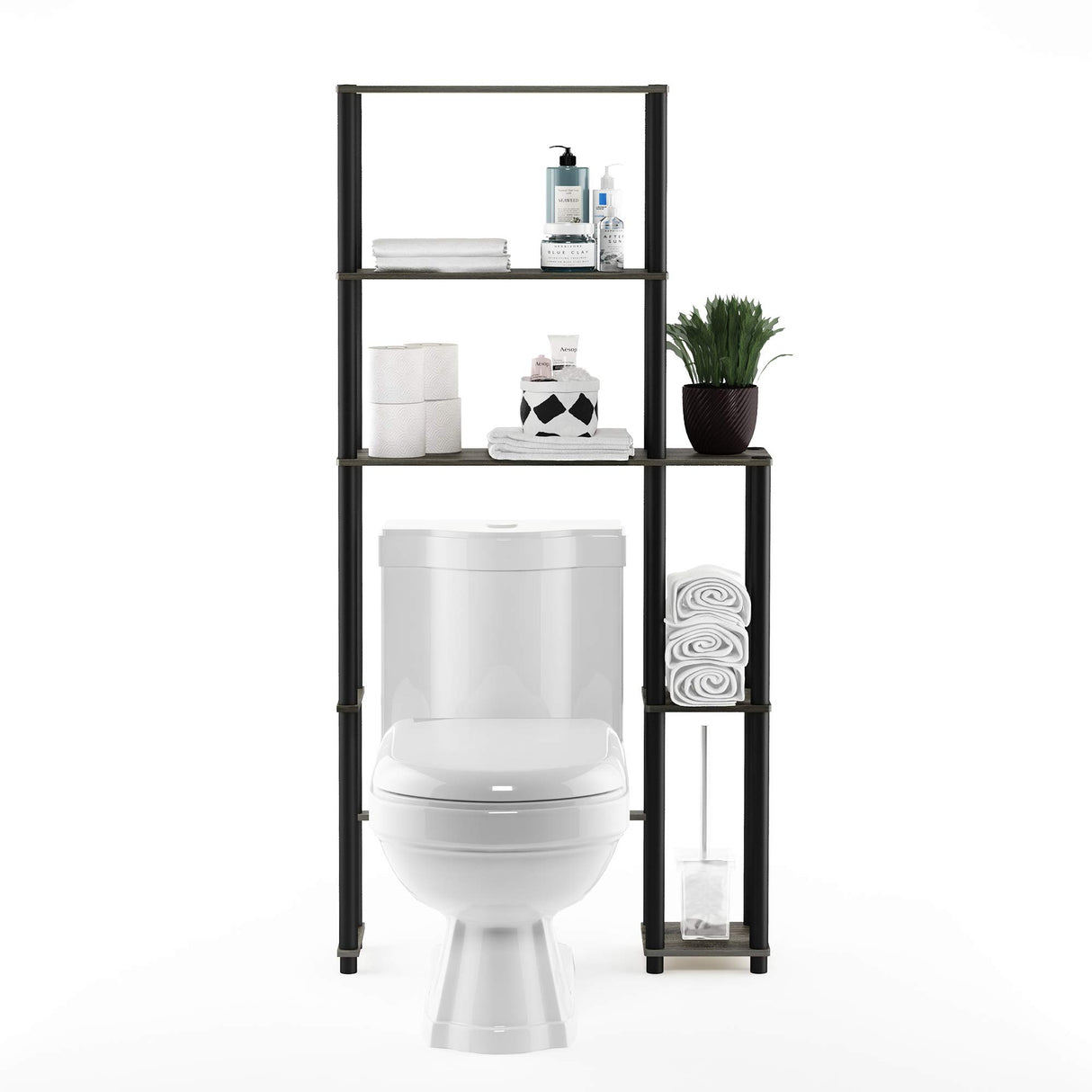 Furinno Turn-N-Tube Over The Toilet Storage, 5 Shelves Bathroom Organizer Space Saver Rack, French Oak Grey/Black Furinno