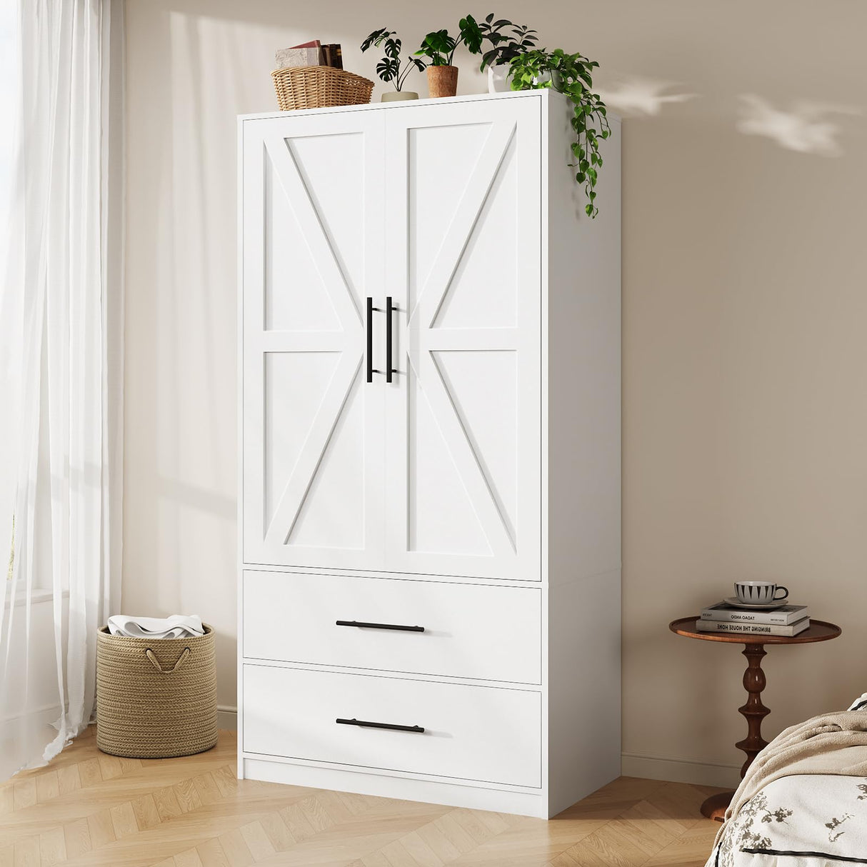HOOBRO Armoire Wardrobe Closet with 2 Drawers, 70.9" Tall Wardrobe Cabinet with Hanging Rod, 2 Doors Bedroom Armoires, Farmhouse Clothing Storage Cabinet, Wooden Armoire for Bedroom, White HOOBRO