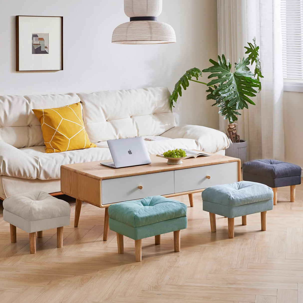 YMYNY 15.75" Small Footstool Ottoman, Footrest with Sponge Padded Seat, Step Stool for Sofa, Bedroom, Living Room, Entryway, Modern Change Shoes Stool, Wood Legs, Light Blue UHBD023BL YMYNY