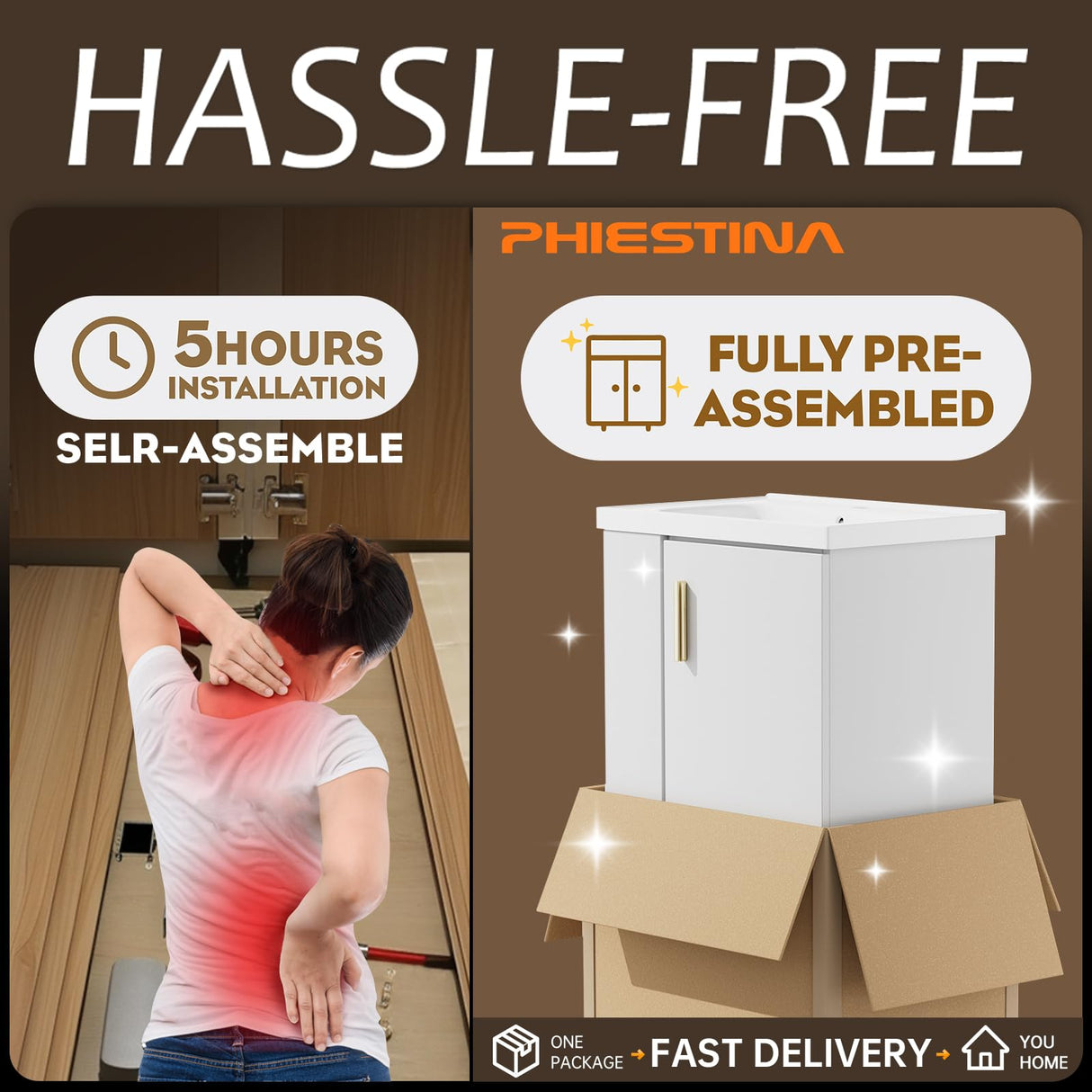 phiestina Pre-Assembled 20 Inch White Floating Small Bathroom Vanity, Wall Mounted Cabinet with Sink, Left Side Storage, Soft-Close Door, Modern Space-Saving Design, No Faucet, BV04-20-WHITE-PLUS phiestina