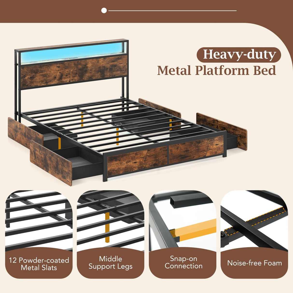 Giantex Queen Size LED Bed Frame with Charging Station & 4 Storage Drawers, Heavy Duty Metal Platform Bed with 2-Tier Storage Headboard, Noise Free, No Box Spring Needed, Rustic Brown Giantex