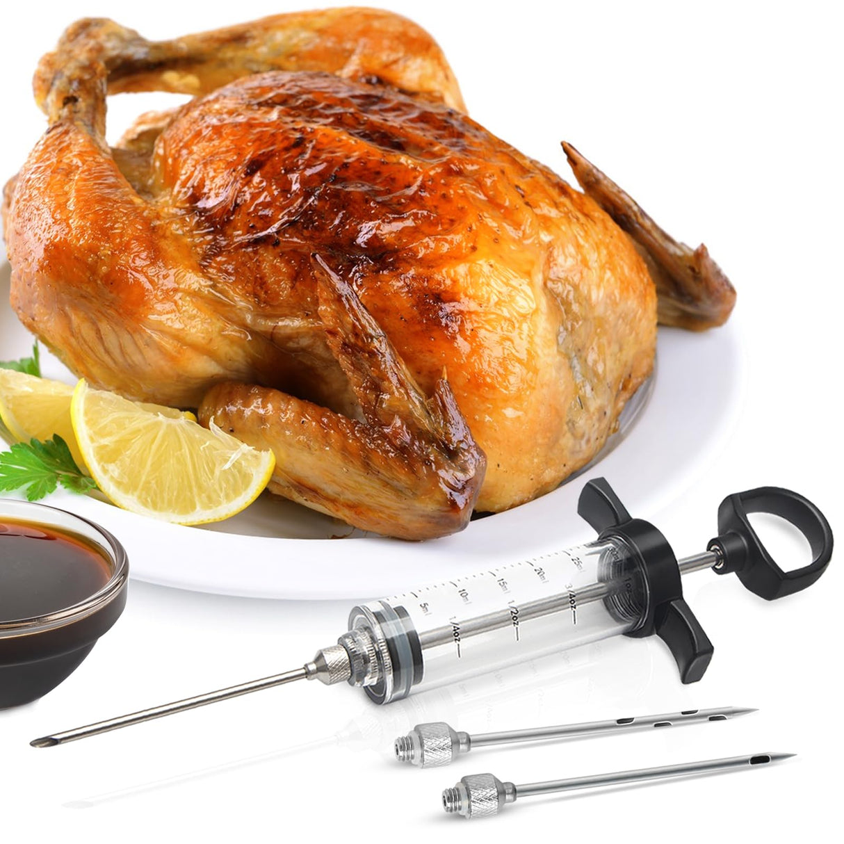 Tri-Sworker Plastic Meat Injector Kit for Smoker with 3 Flavor Food Syringe Needles, Ideal for Injecting Marinade into Turkey, Meat, Brisket; 1-OZ; Including Paper User Manual, Recipe E-Book (PDF) Tri-Sworker