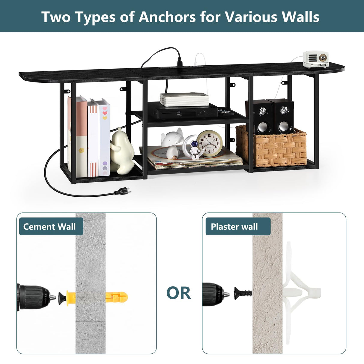 ETELI Floating TV Stand with Power Outlet Wall Mounted Under TV Shelf with Storage Floating Entertainment Center Media Console Table for Living Room Bedroom Office, Black ETELI