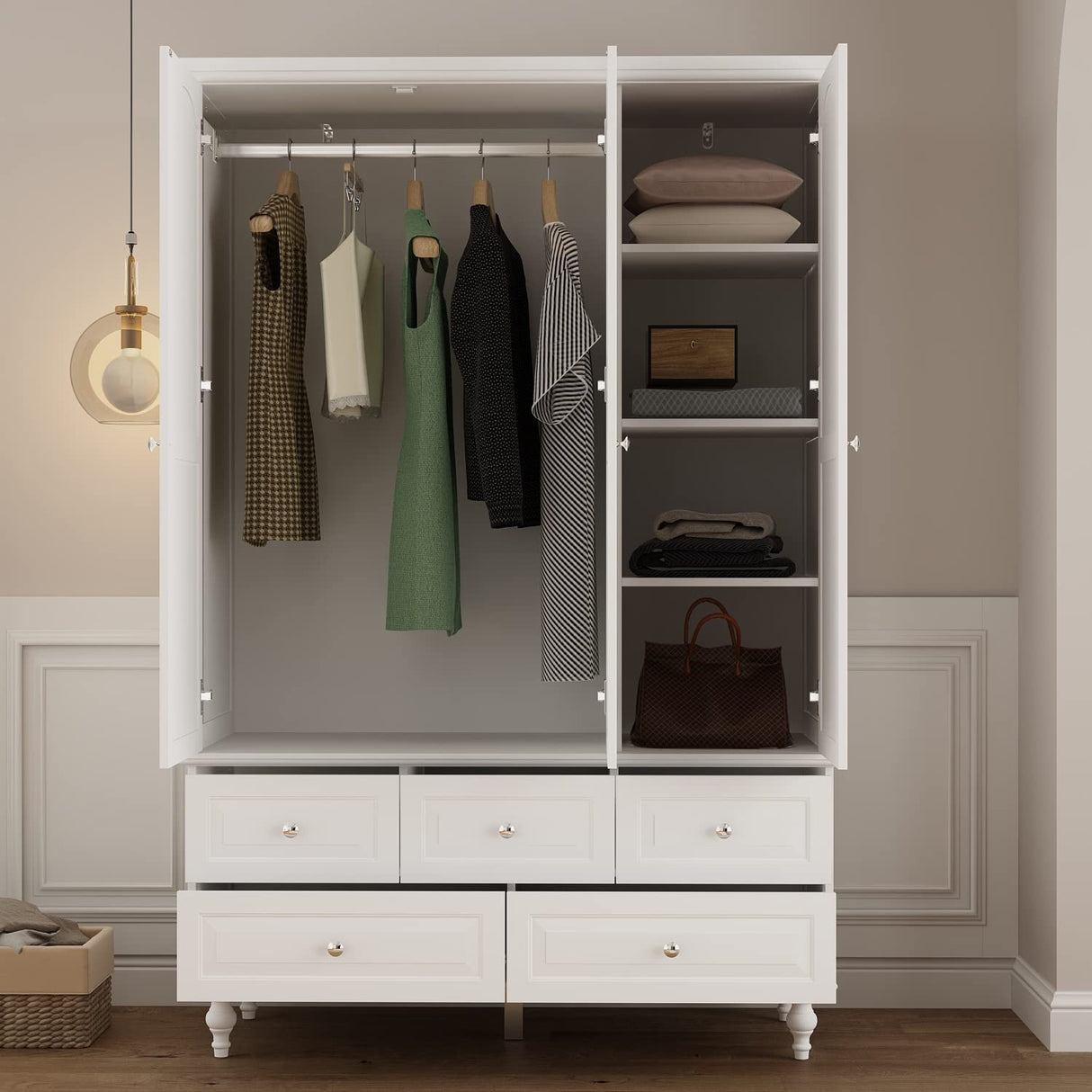 Homsee Wardrobe Armoire Wooden Closet with Mirror, 3 Doors, 5 Drawers, 4-Tier Storage Cubes and Hanging Rod for Bedroom, White (47.2”L x 20”W x 70.9”H) Homsee