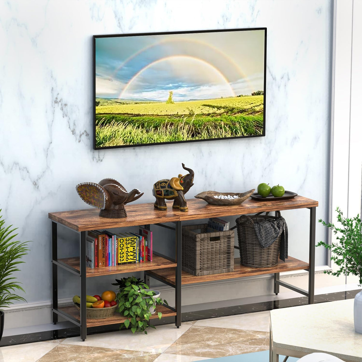 55 Inch TV Stand for TVs up to 70 Inch TV, Modern Entertainment Center with Open Storage Shelves, TV Media Console Table for Living Room, Rustic Brown CJMM