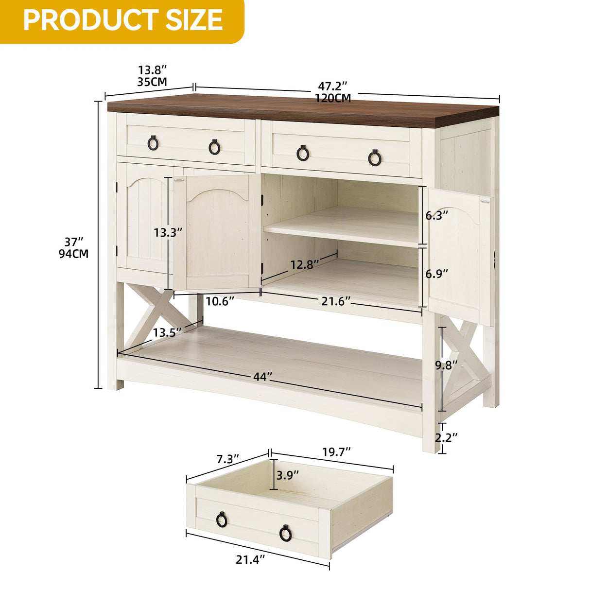 DWVO 47.2" Buffet Sideboard Cabinet with Storage, Farmhouse Coffee Bar Cabinet w/2 Drawers, Wood 4-Doors Console Table with Adjustable Shelves for Kitchen, Dining Room, Living Room, Entryway (White) DWVO