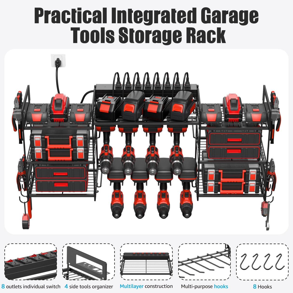 CCCEI Black Power Tools Organizers Wall Mount, Large Tools and Battery Storage Rack Charging Station. 8 Drill Holder, All Metal, Garage Utility Shelves with 6FT Power Strip. Gift for Men. CCCEI