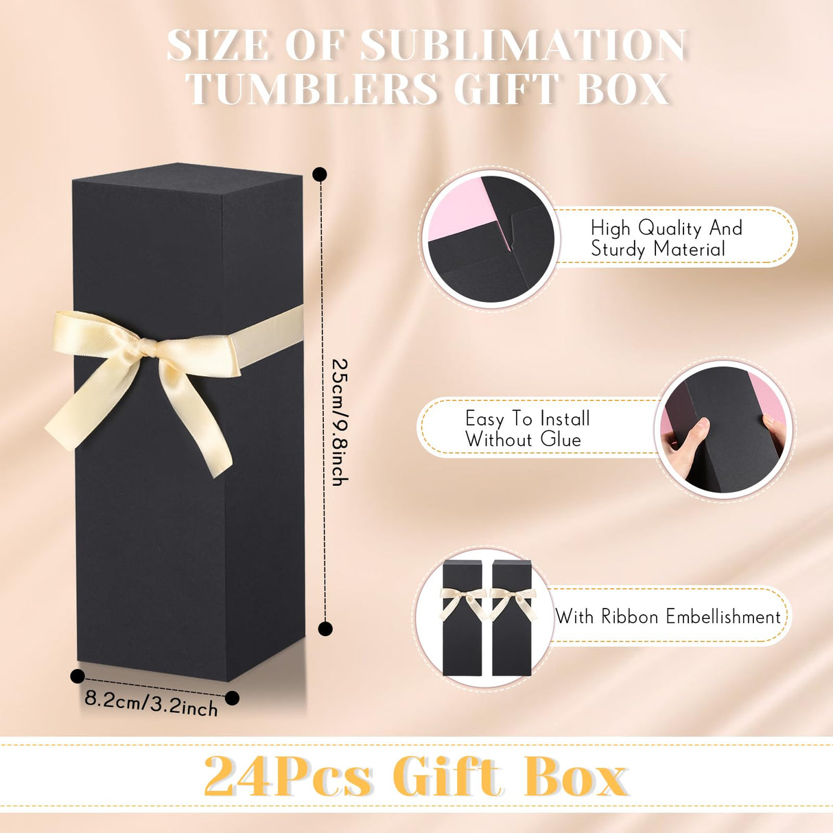 Qilery 24 Pcs Gift Boxes for Sublimation Tumblers Gift Box with Ribbon for 12oz, 20oz, 30oz Heat Press Sublimation Blanks Tumblers Skinny Tumbler Gift Boxes for Shipping Wrapping (Black) Qilery