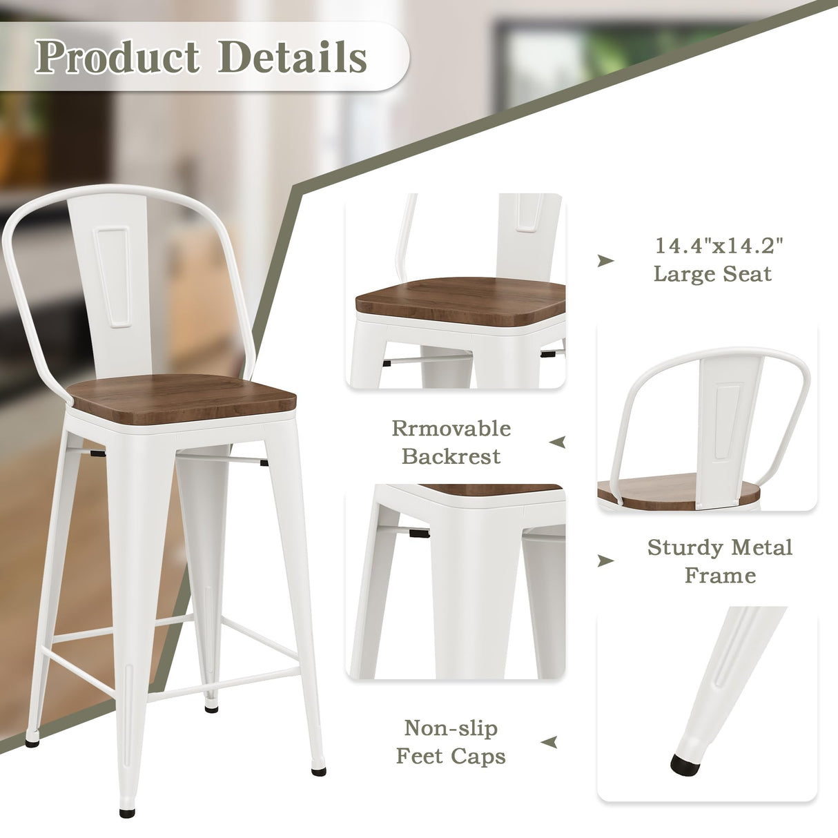 Yongqiang 30 inch Bar Stools Set of 4 Farmhouse Bar Height Stools High Back Kitchen Bar Chairs Cream White Metal Barstools with Large Wooden Seat Yongqiang