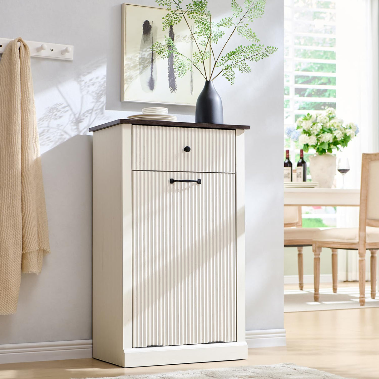 IFGET Modern Tilt-Out Trash Can Cabinet, 10 Gallon Fluted Laundry Hamper Cabinet with Drawers, Wooden Hidden Garbage Can Cabinet with Storage Basket, Free Standing for Kitchen and Living Room, White IFGET