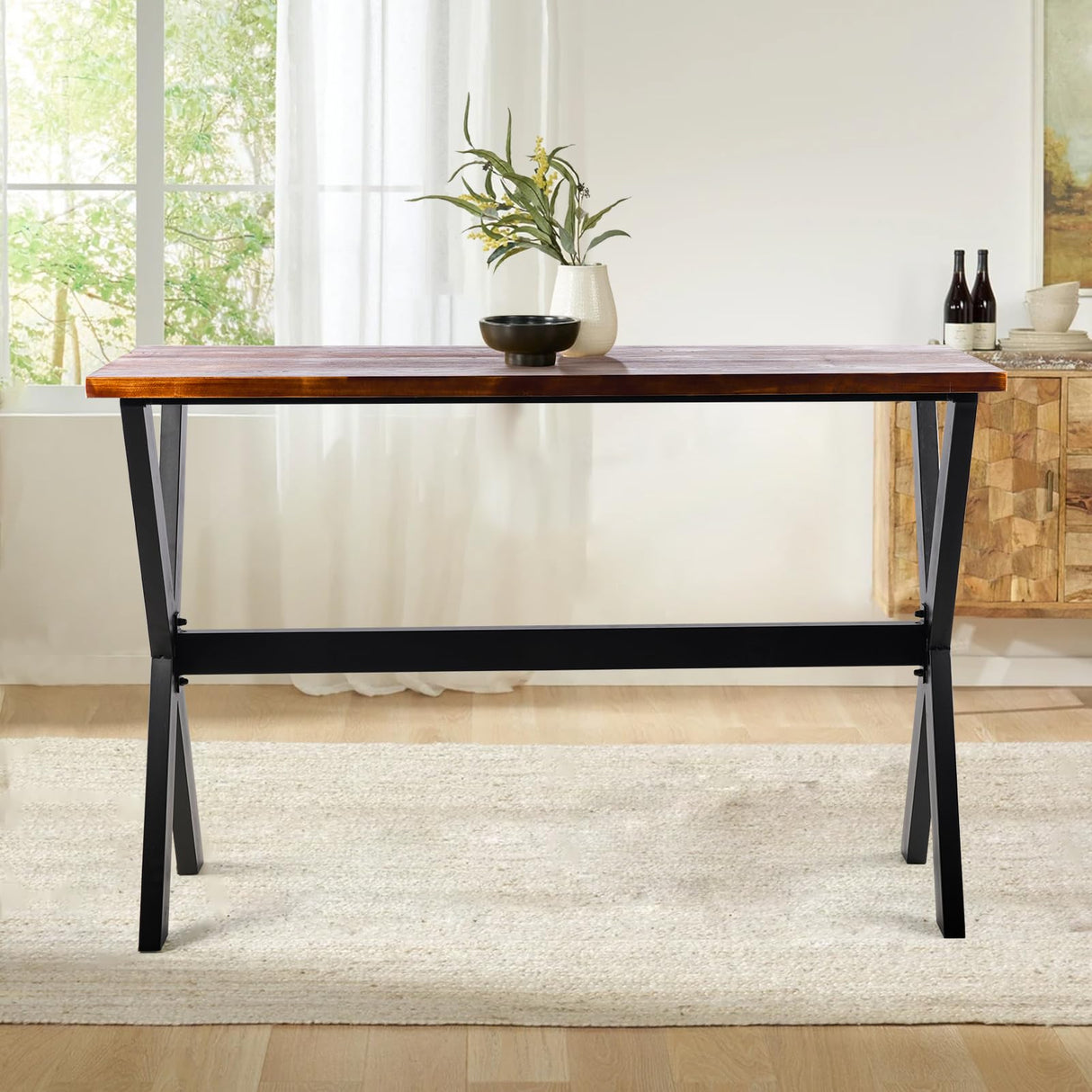 LOKKHAN 47.24" Rustic Brown Bar Table with Industrial Black Metal Frame - Perfect for Small Spaces LOKKHAN