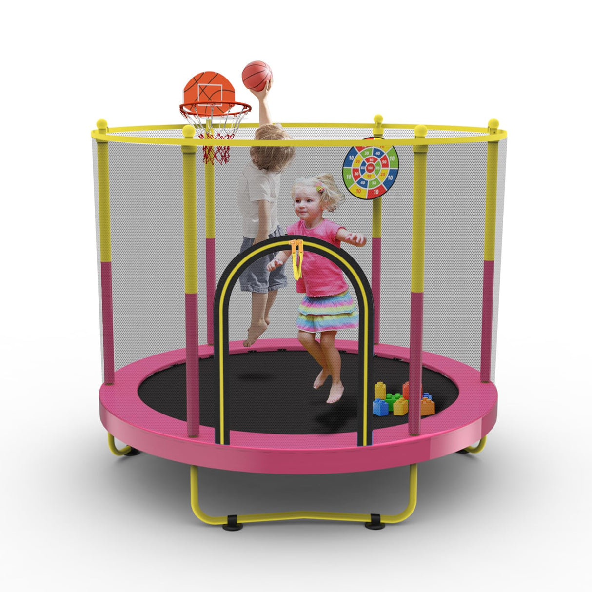 72" Trampoline for Kids with Net,6 FT Indoor & Outdoor Small Toddler Trampoline with Basketball Hoop & Dart Board for Ages 1-8, Birthday Gifts for Boys & Girls, Baby Toddler Christmas Toys Pink Sedeke