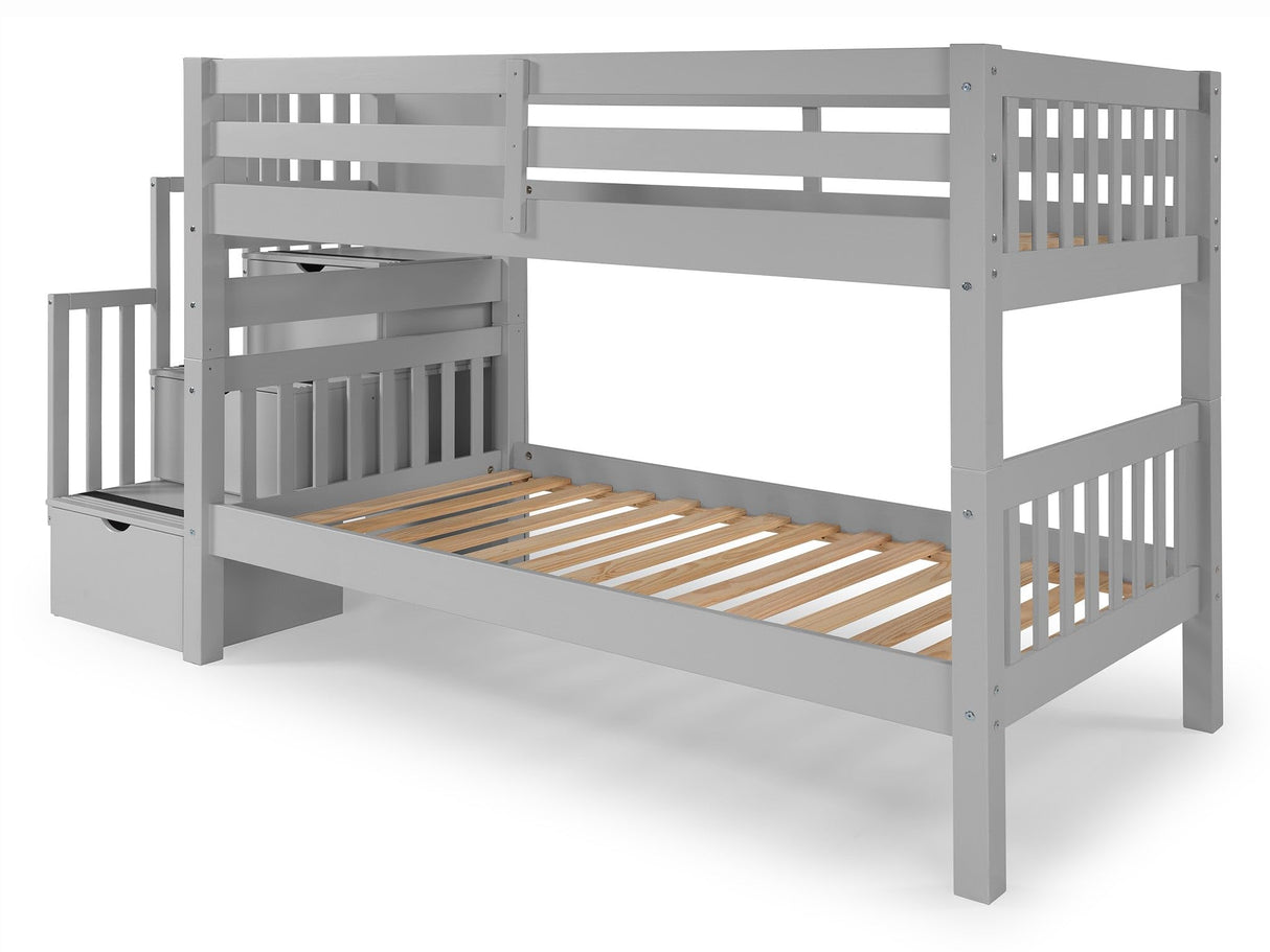 Bedz King Stairway Bunk Beds Twin over Twin with 3 Drawers in the Steps, Gray Bedz King