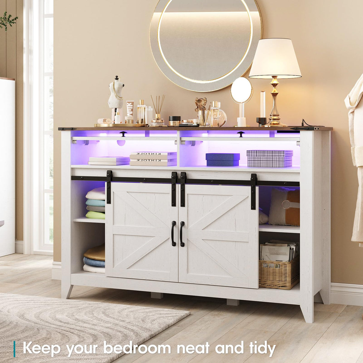 Maupvit TV Stand with Flap&Sliding Doors 47.24" W Television Table Stands with 3 Drawers,LED Lights and Charging Station,Wooden Dresser for Living Room,Hallway,Closet,Entryway,Bedroom,White Maupvit