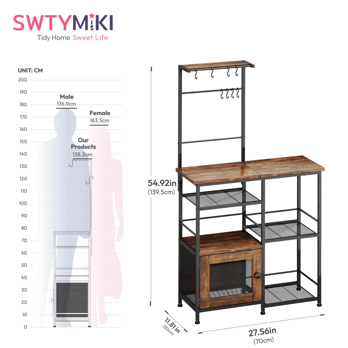 SWTYMIKI Bakers Rack with Storage - Coffee Bar Cabinet Organizer with 8 Hooks, Shelves & Cabinet Door, Coffee Station for Kitchen Dining Room, Microwave Stand with Adjustable Feet, Espresso SWTYMIKI