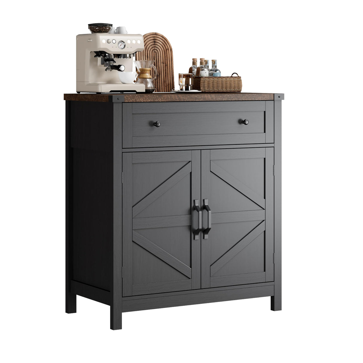 ChooChoo Kitchen Storage Cabinet, Coffee Bar Cabinet, Farmhouse Buffet Sideboard with Drawer for Kitchen, Living Room, Black ChooChoo