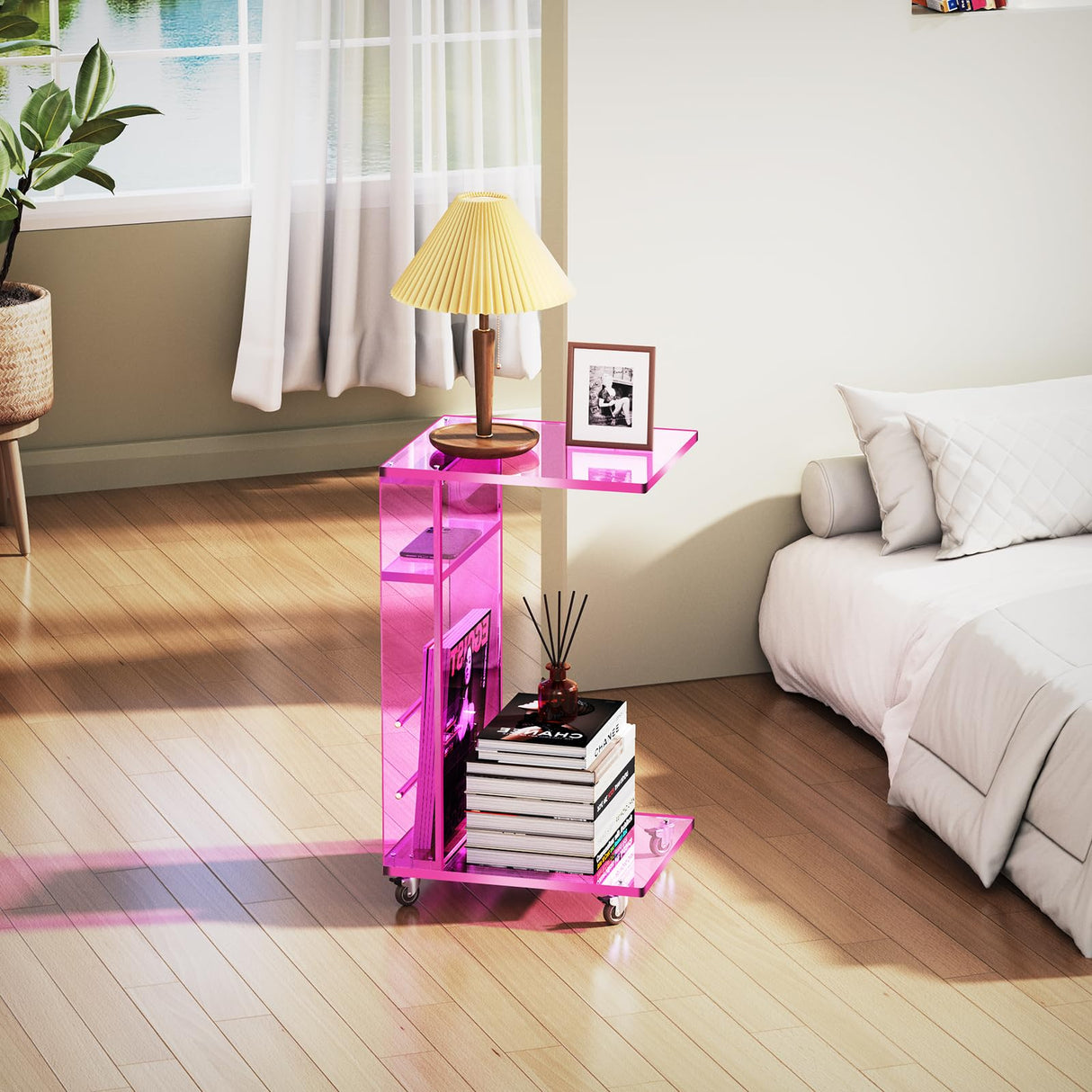 Clear Acrylic Side Table on Lockable Wheels, C Shaped End Table for Sofa, Small Coffee Tables for Small Spaces (Pink) Acrylicolor