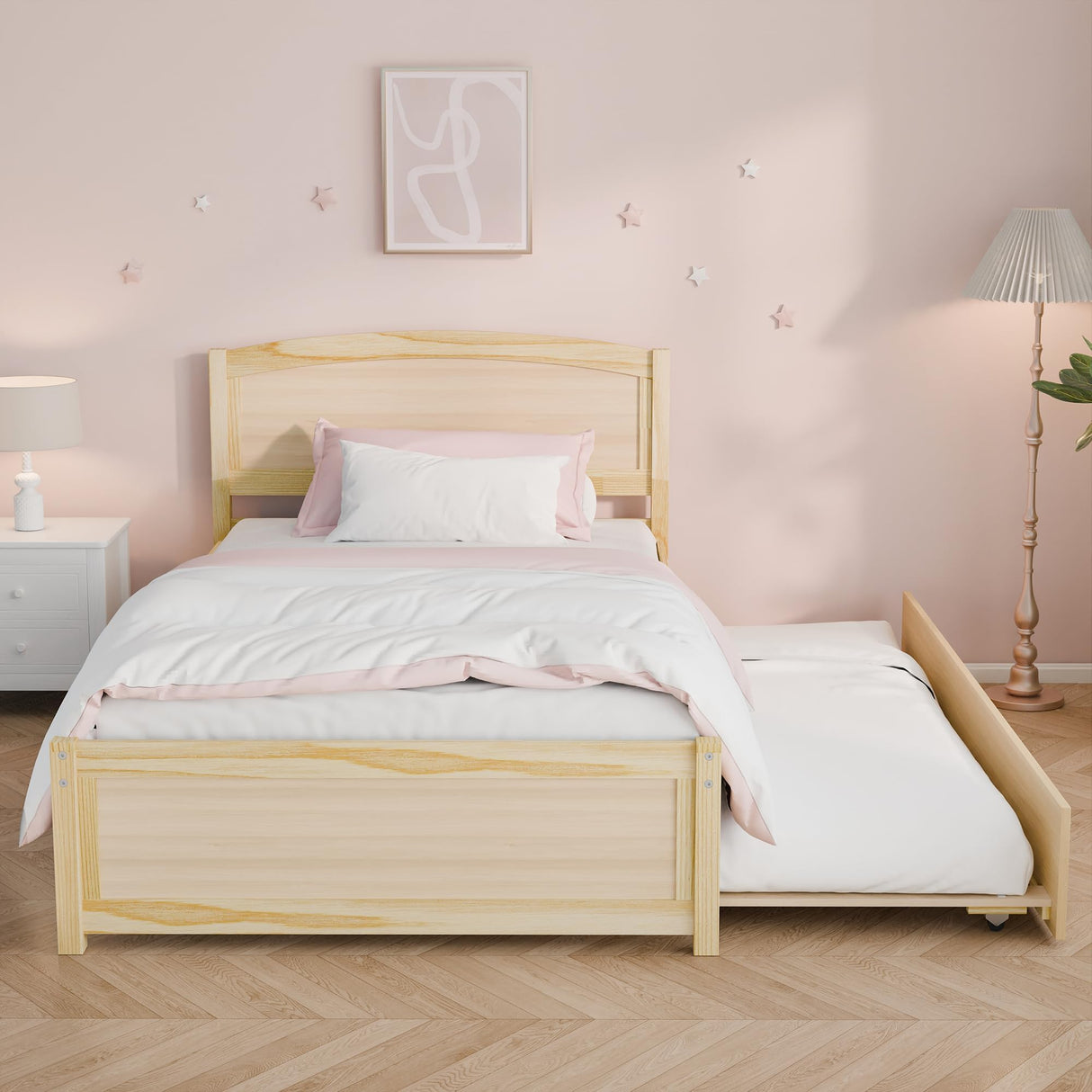 TOLEAD Daybed with Trundle, Twin Size Pull Out Bed, Solid Wood Extendable Day Bed with Trundle, Include Slat Support (Natural, Trundle) TOLEAD