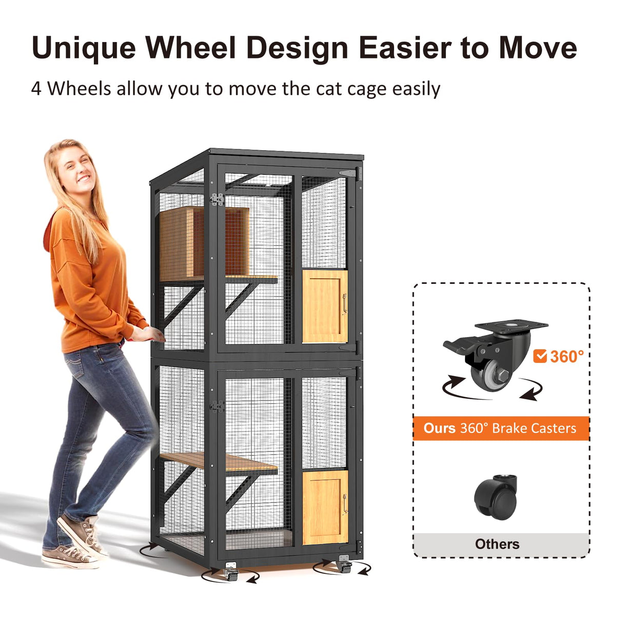 TIMHAKA Cat Catio Outdoor Enclosure, 4 Tiers Cat Playen Catio with Wheels, Resting Box, Sunshine Panel Waterproof Roof, Large Pet House Cage with Removable Wood Bottom and Easy Clean PVC Layer, Black TIMHAKA