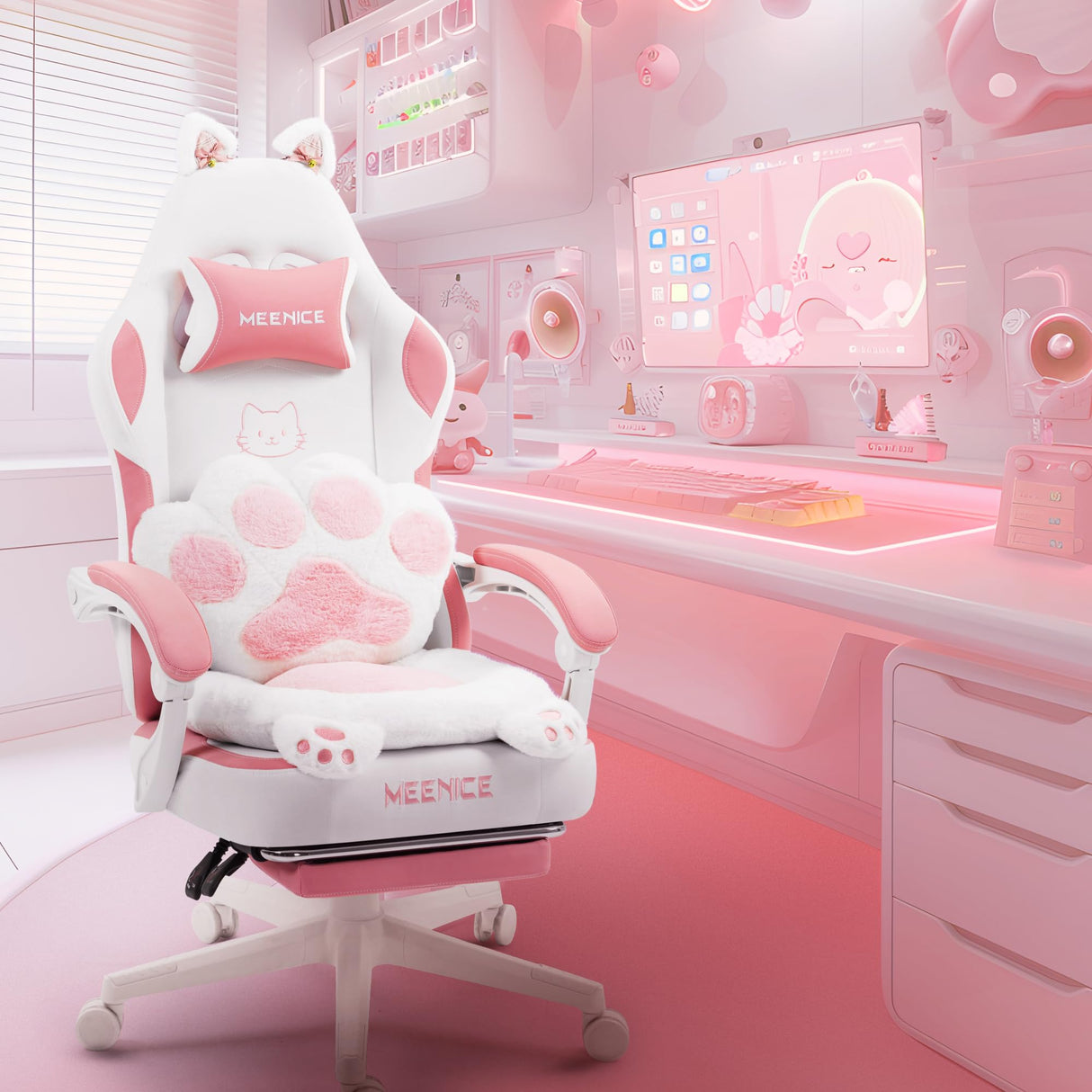MEENICE Pink Gaming Chair Cute with Cat Ears Paw Lumbar and Cushion,Ergonomic Computer Chair with Footrest,Reclining PC Game Chair for Girl Computer Chair 300lbs for Adult MEENICE