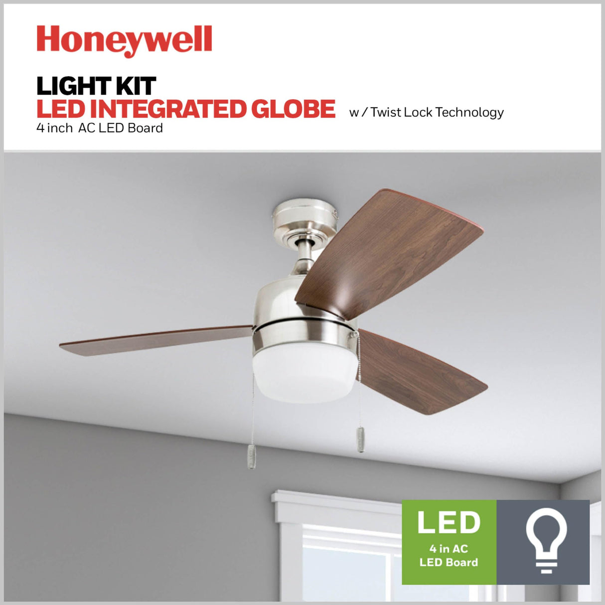 Honeywell Ceiling Fans Barcadero Modern 44 Inch Ceiling Fan with Light, Pull Chain LED Indoor Fan with 3 Blades, Maple and Brown Maple Blade Finish Options, Brushed Nickel (50616-01) Honeywell Ceiling Fans