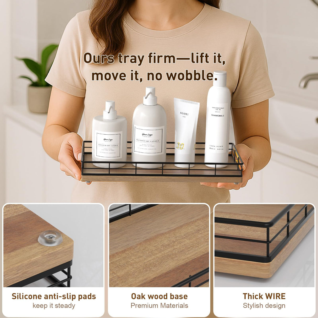 Toilet Paper Basket Organizer – Acacia Wood Toilet Tank Tray with Metal Frame, Back of Tank or Top Bathroom Counter Storage – Black & Acacia Modern Decor Focusonit