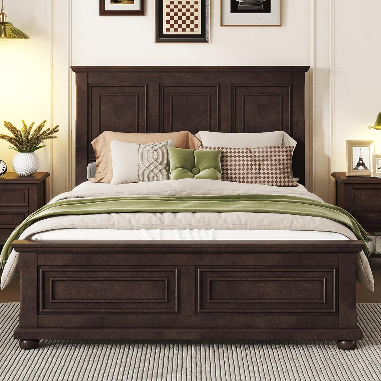 Mirightone Wood Queen Bed Frame with Tall Headboard and Footboard, Rustic Queen Panel Bed with Under Bed Storage, Farmhouse Style, Noise-Free, No Box Spring Needed, Antique Brown Mirightone