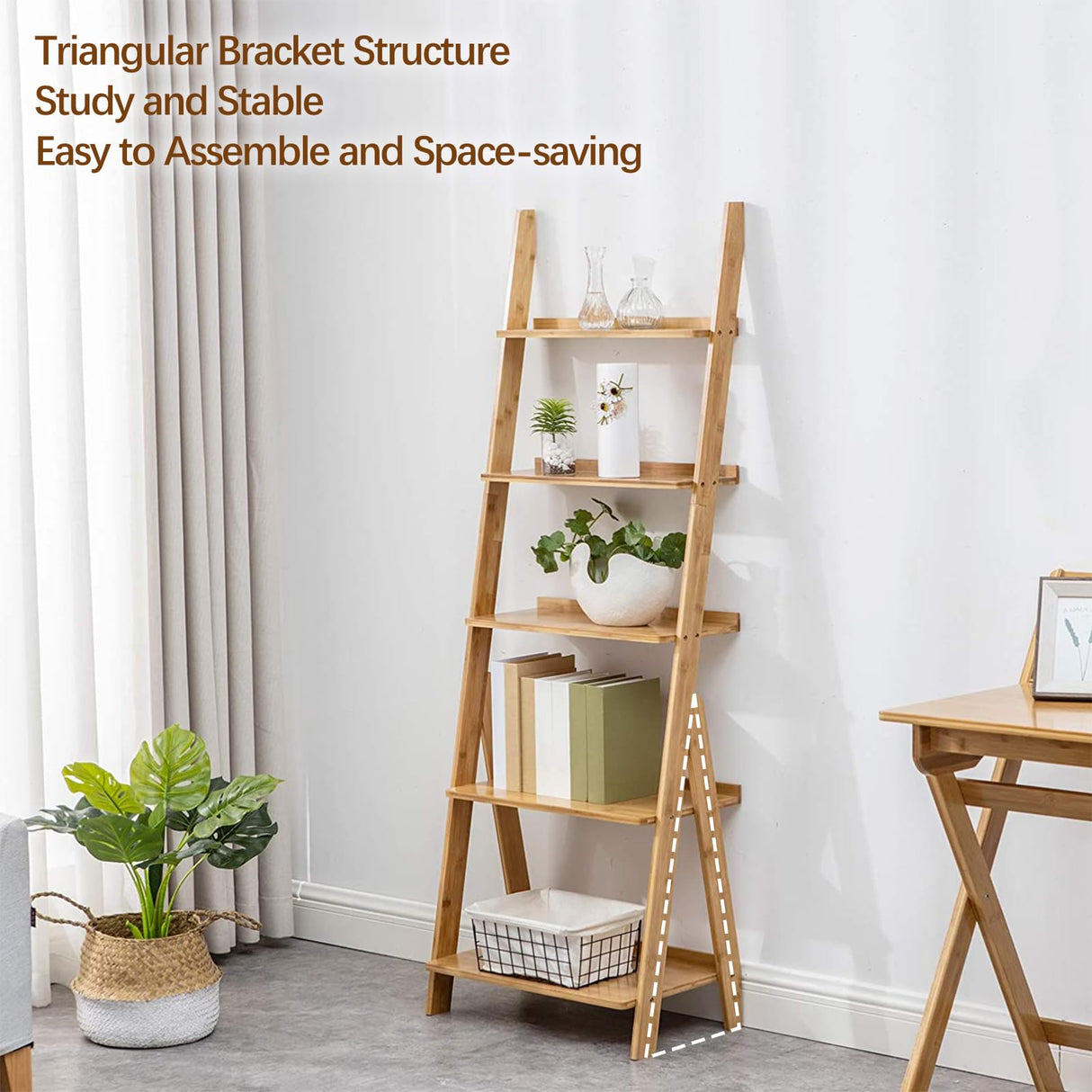 DOUSY- 5-Tier Bamboo Ladder Shelf Ladder Bookshelf Plant & Flower Stand Bookcase, Freestanding Storage Rack Organizer Display Shelf for Living Room, Home Office, Bedroom, Balcony, Natural Wood DOUSY
