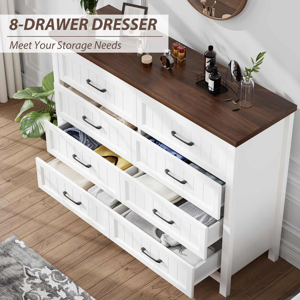 Jocoevol Farmhouse Dresser 8 Drawer Dresser for Bedroom, Large Wooden Dressers Double Grey Dresser with Deep Drawers Dressers for Hallway, Entryway (White and Brown) Jocoevol